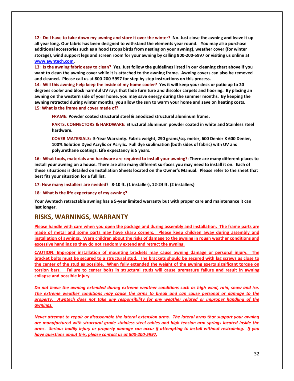 Risks, warnings, warranty | Awntech DESTIN User Manual | Page 32 / 35