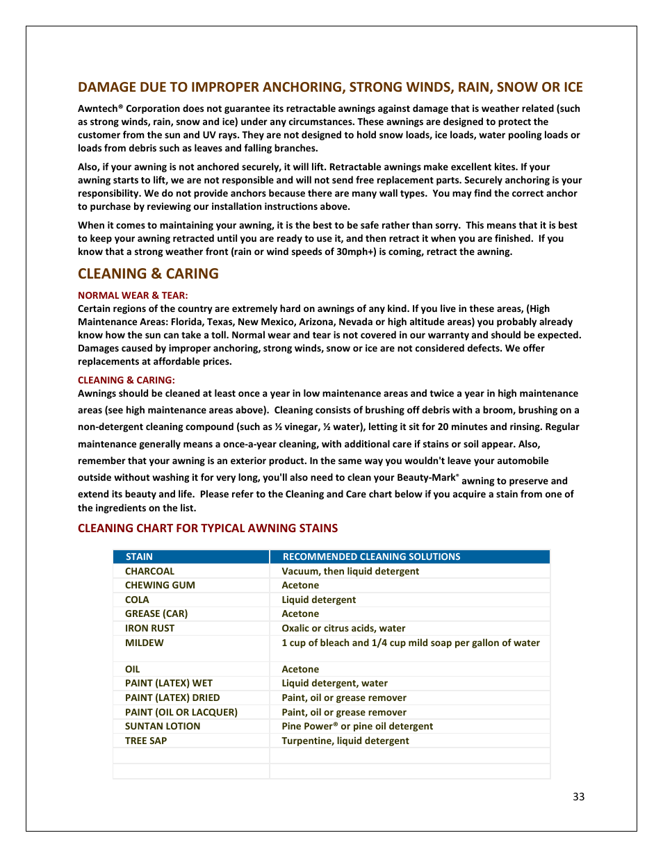 Cleaning & caring | Awntech DESTIN User Manual | Page 33 / 35