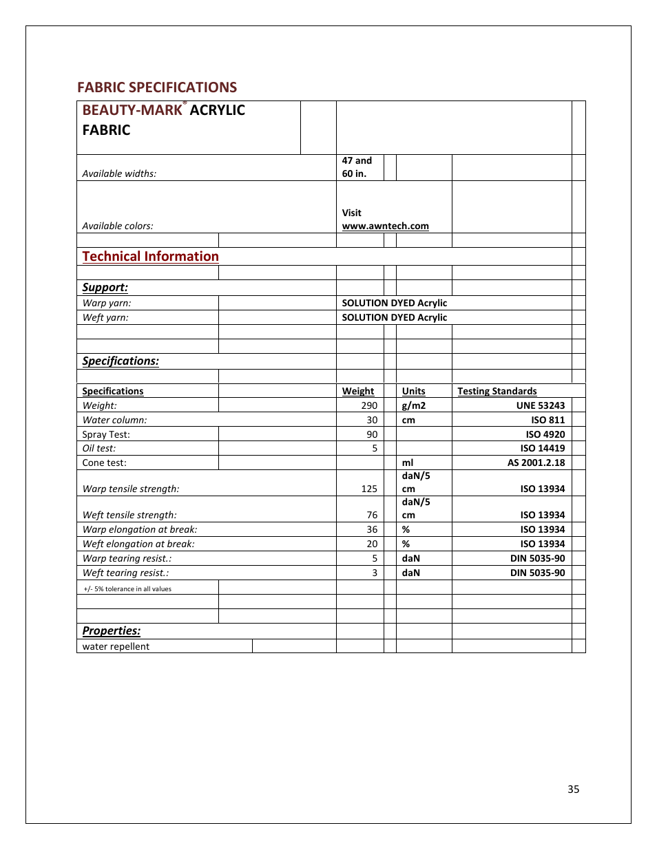 Fabric specifications beauty-mark, Acrylic fabric, Technical information | Awntech DESTIN User Manual | Page 35 / 35