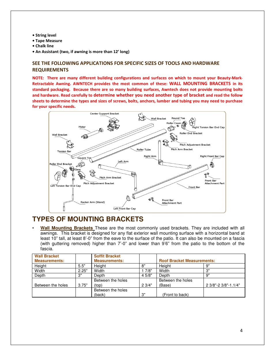 Types of mounting brackets | Awntech DESTIN User Manual | Page 4 / 35