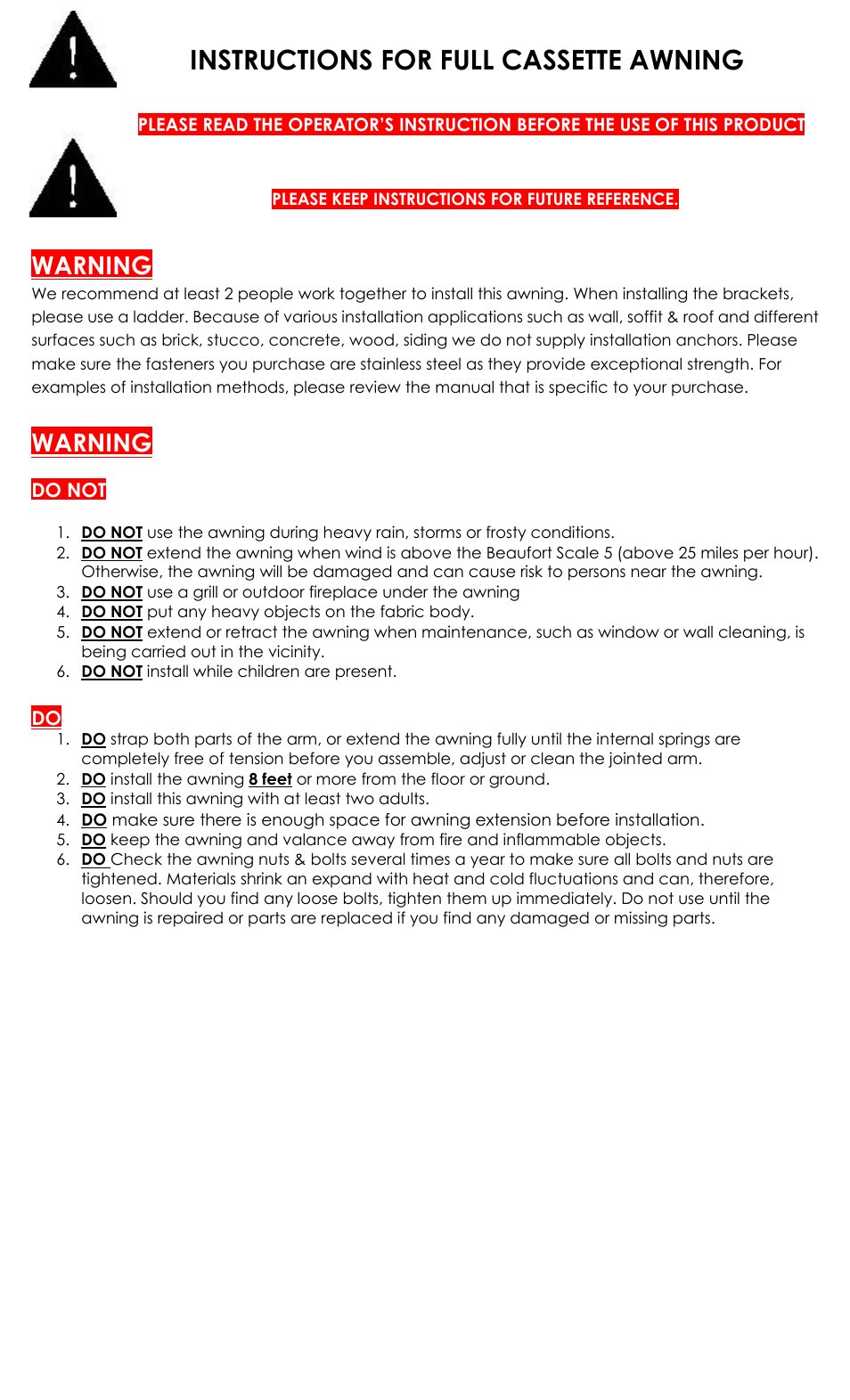 Awntech Hampton FULL CASSETTE User Manual | 6 pages