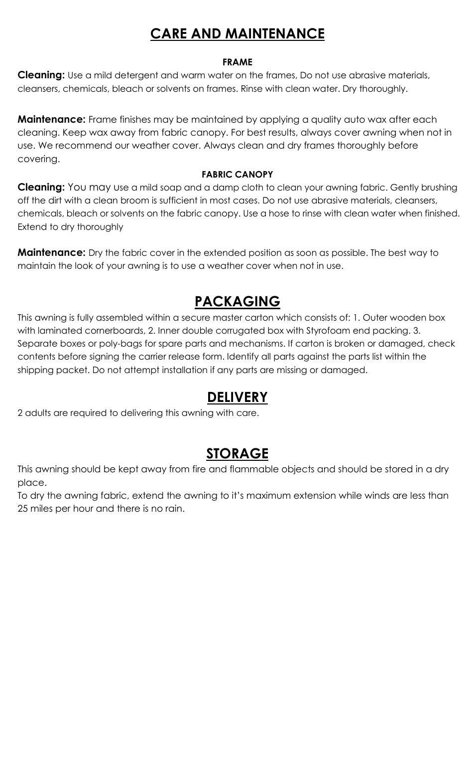 Care and maintenance, Packaging, Delivery | Storage | Awntech Hampton FULL CASSETTE User Manual | Page 2 / 6