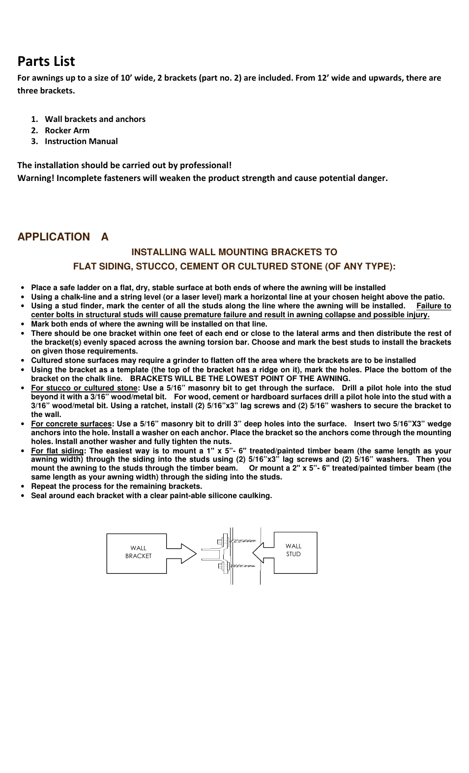 Parts list, Application a | Awntech California User Manual | Page 2 / 8