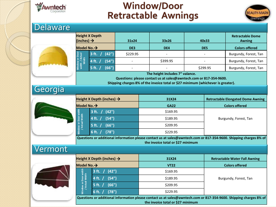 Window/door retractable awnings, Delaware, Georgia | Vermont | Awntech Bahama User Manual | Page 11 / 34