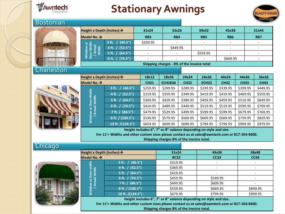 Stationary awnings, Bostonian, Charleston chicago | Awntech Bahama User Manual | Page 12 / 34