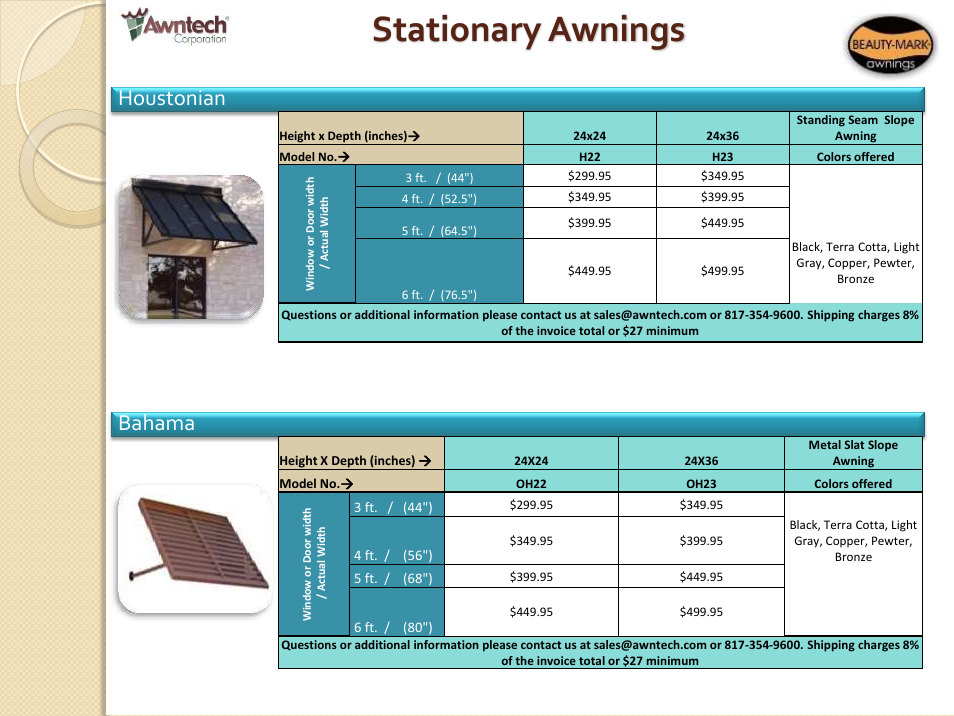 Stationary awnings, Houstonian, Bahama | Awntech Bahama User Manual | Page 14 / 34