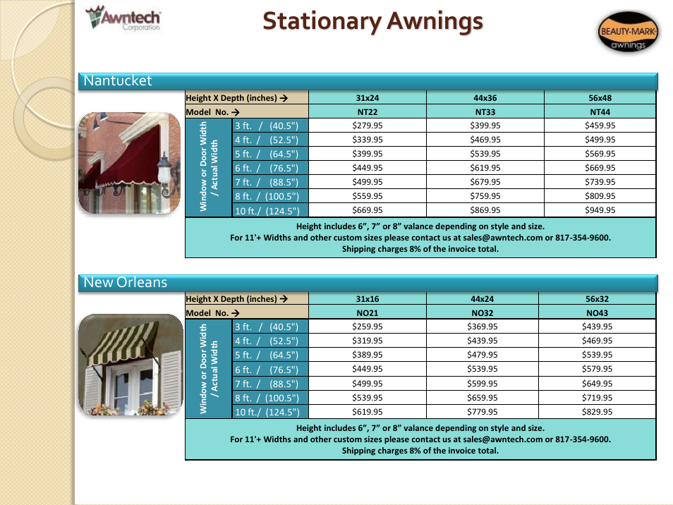 Stationary awnings, New orleans nantucket | Awntech Bahama User Manual | Page 15 / 34