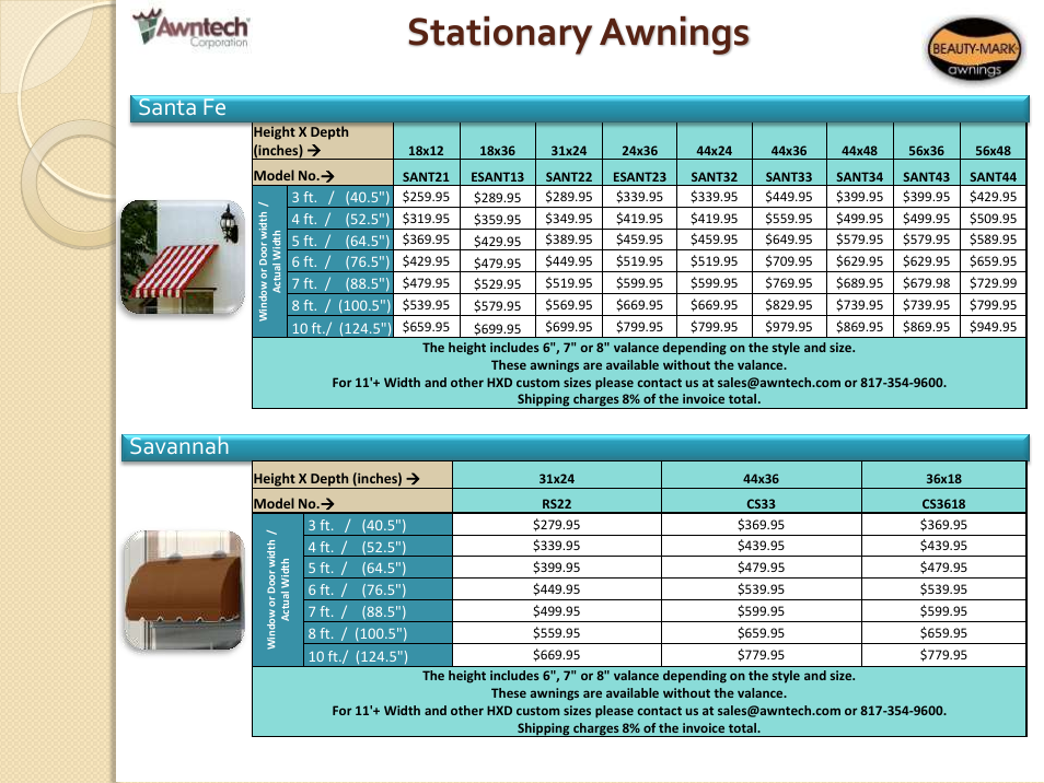 Stationary awnings, Savannah, Santa fe | Awntech Bahama User Manual | Page 17 / 34