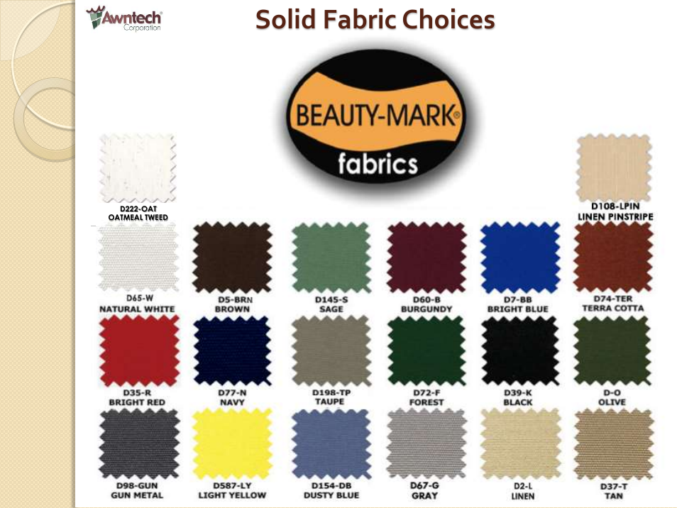 Solid fabric choices | Awntech Bahama User Manual | Page 19 / 34