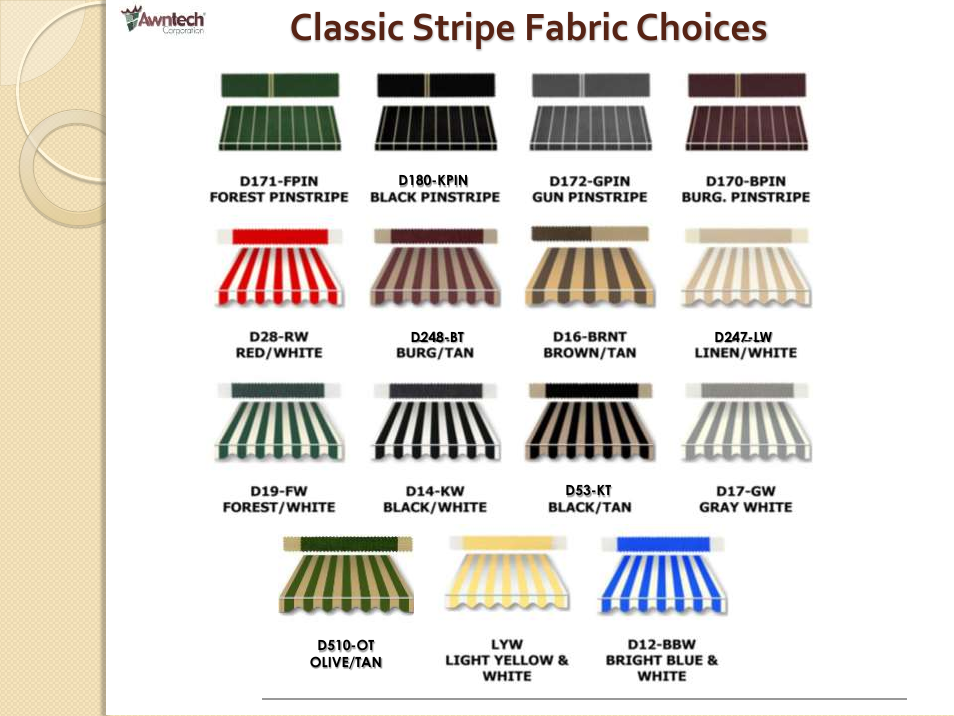 Classic stripe fabric choices | Awntech Bahama User Manual | Page 20 / 34