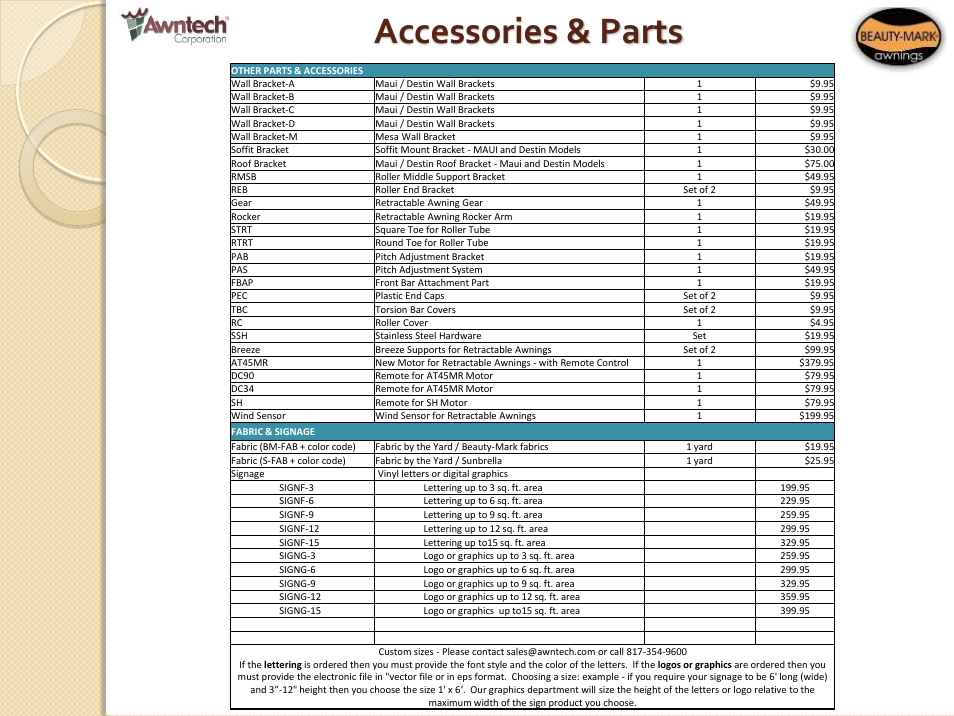 Accessories & parts | Awntech Bahama User Manual | Page 25 / 34