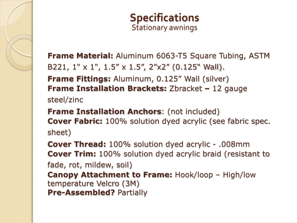Specifications | Awntech Bahama User Manual | Page 27 / 34