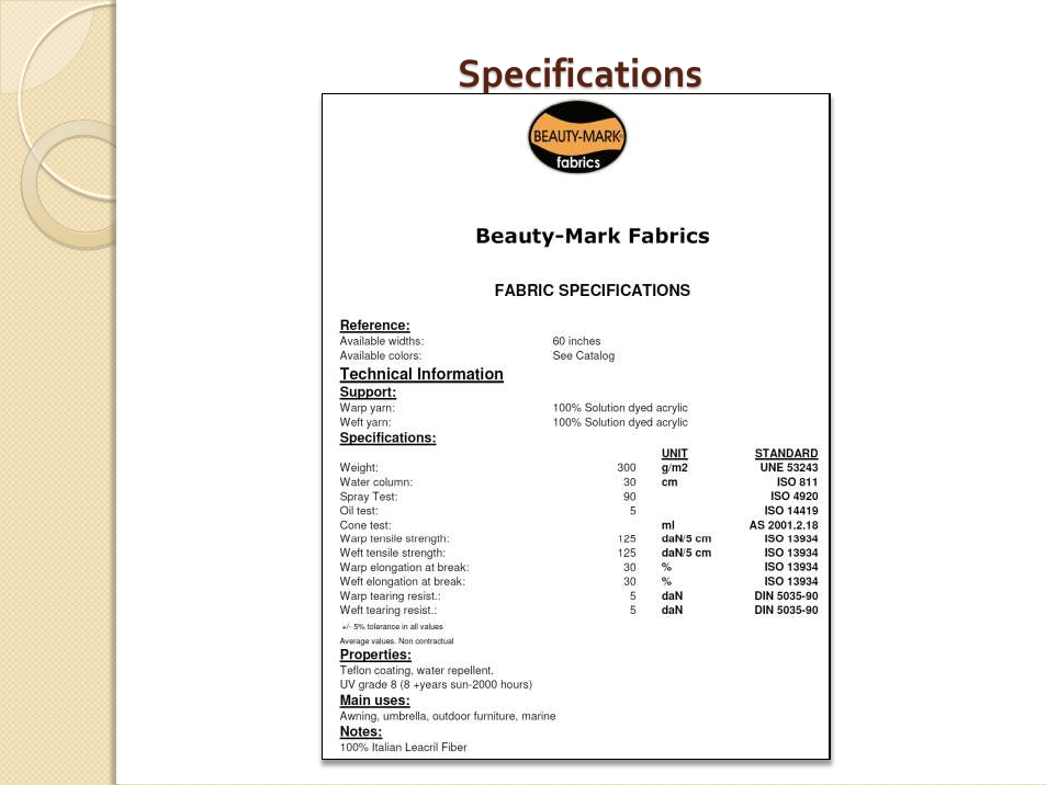 Specifications | Awntech Bahama User Manual | Page 28 / 34