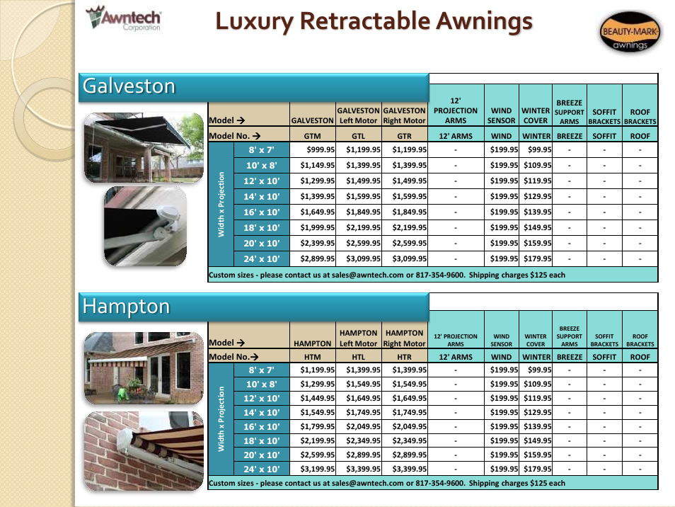 Luxury retractable awnings, Galveston, Hampton | Awntech Bahama User Manual | Page 8 / 34