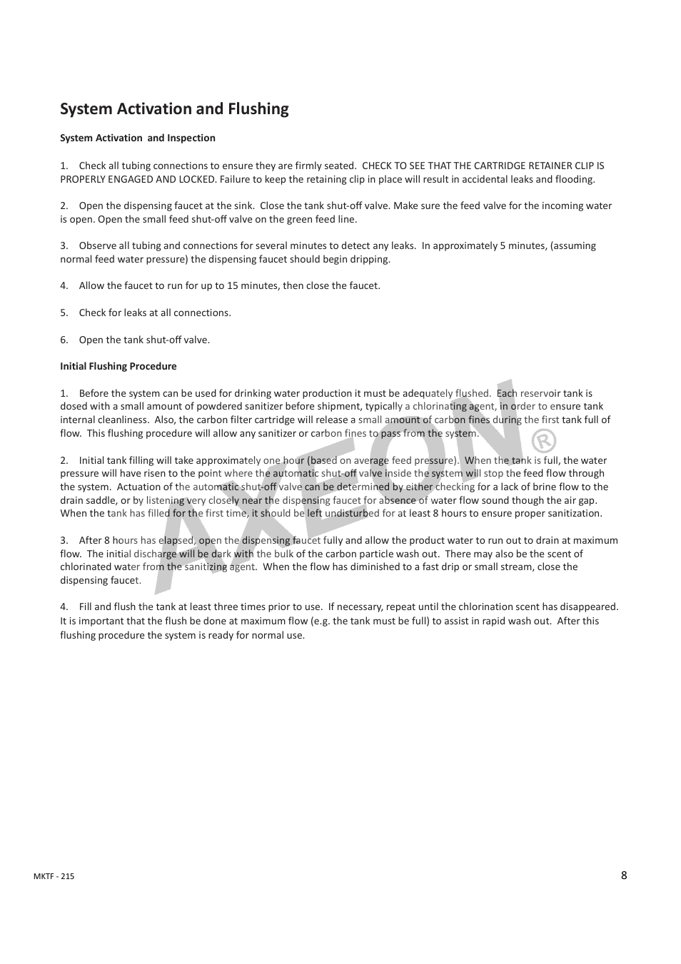 System activation and flushing | AXEON CRO-Series User Manual | Page 8 / 10