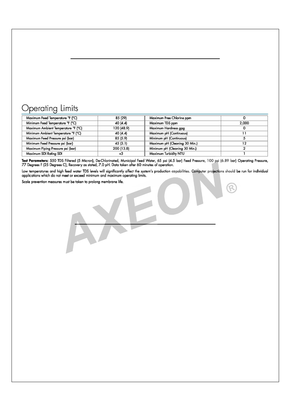 Feed water & operation specifications, Rejection, recovery and flow rates | AXEON R1-Series User Manual | Page 5 / 58