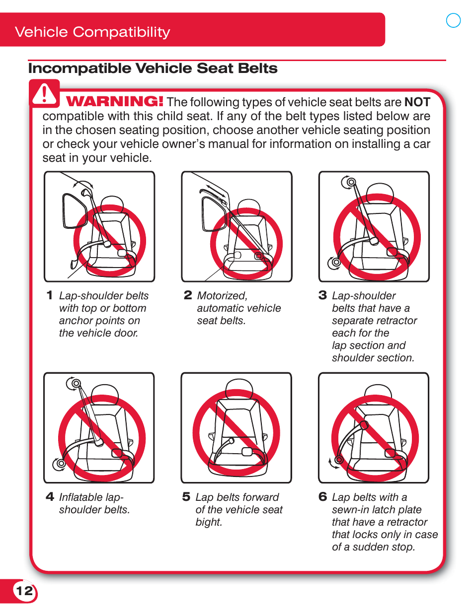 Incompatible vehicle seat belts warning, Vehicle compatibility | Britax ADVOCATE 70 CS User Manual | Page 14 / 72