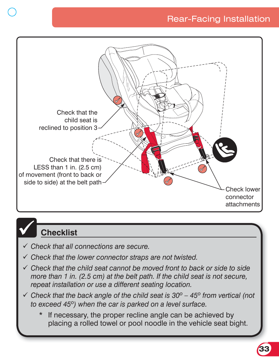 Checklist, Rear-facing installation | Britax ADVOCATE 70 CS User Manual | Page 35 / 72