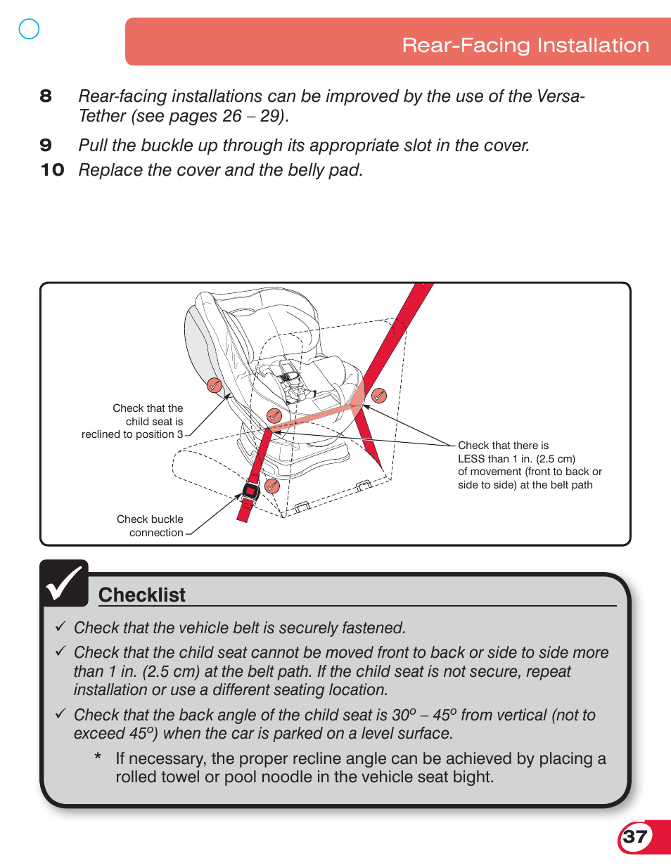 Checklist, Rear-facing installation | Britax ADVOCATE 70 CS User Manual | Page 39 / 72
