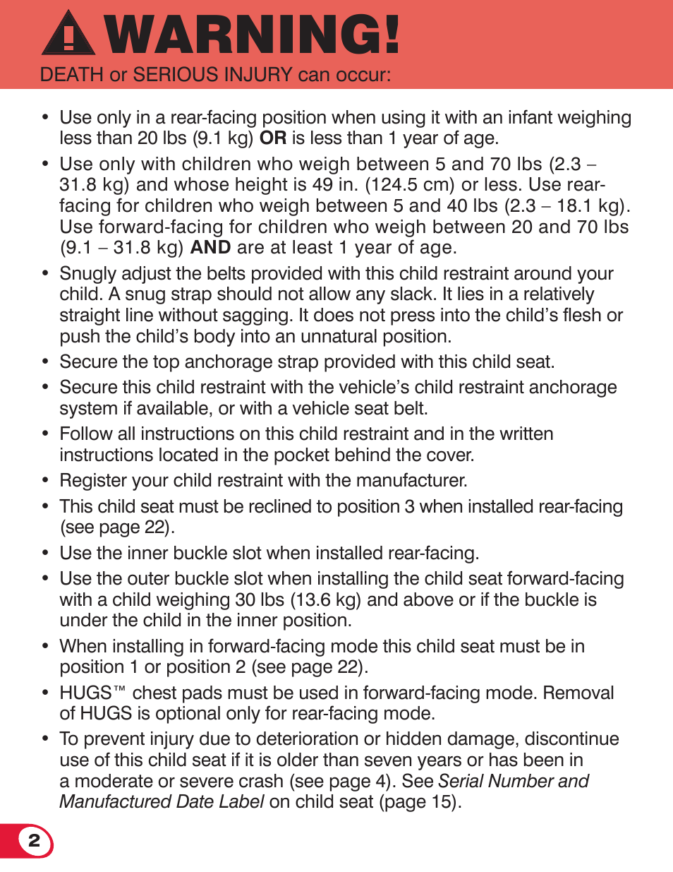 Warning | Britax ADVOCATE 70 CS User Manual | Page 4 / 72