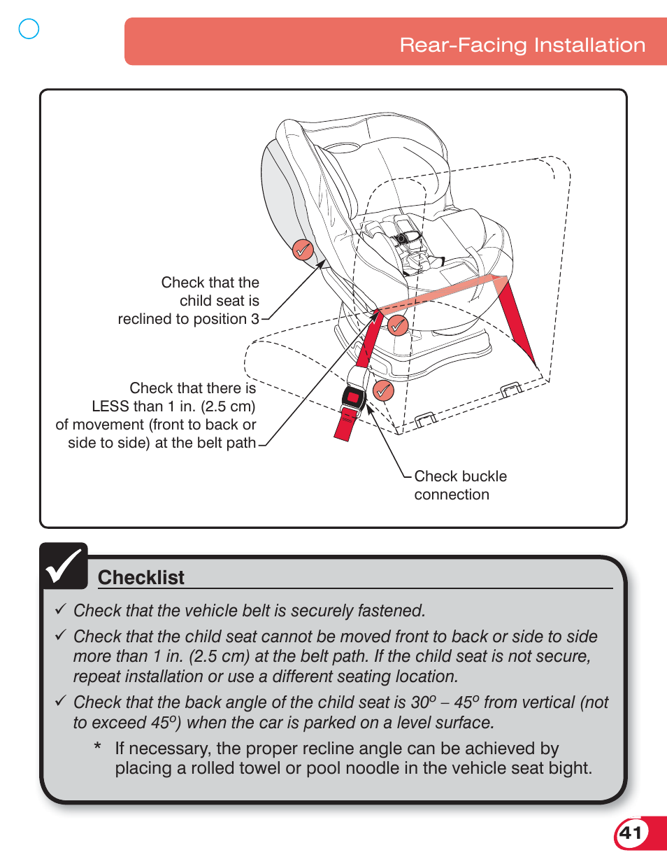 Checklist, Rear-facing installation | Britax ADVOCATE 70 CS User Manual | Page 43 / 72