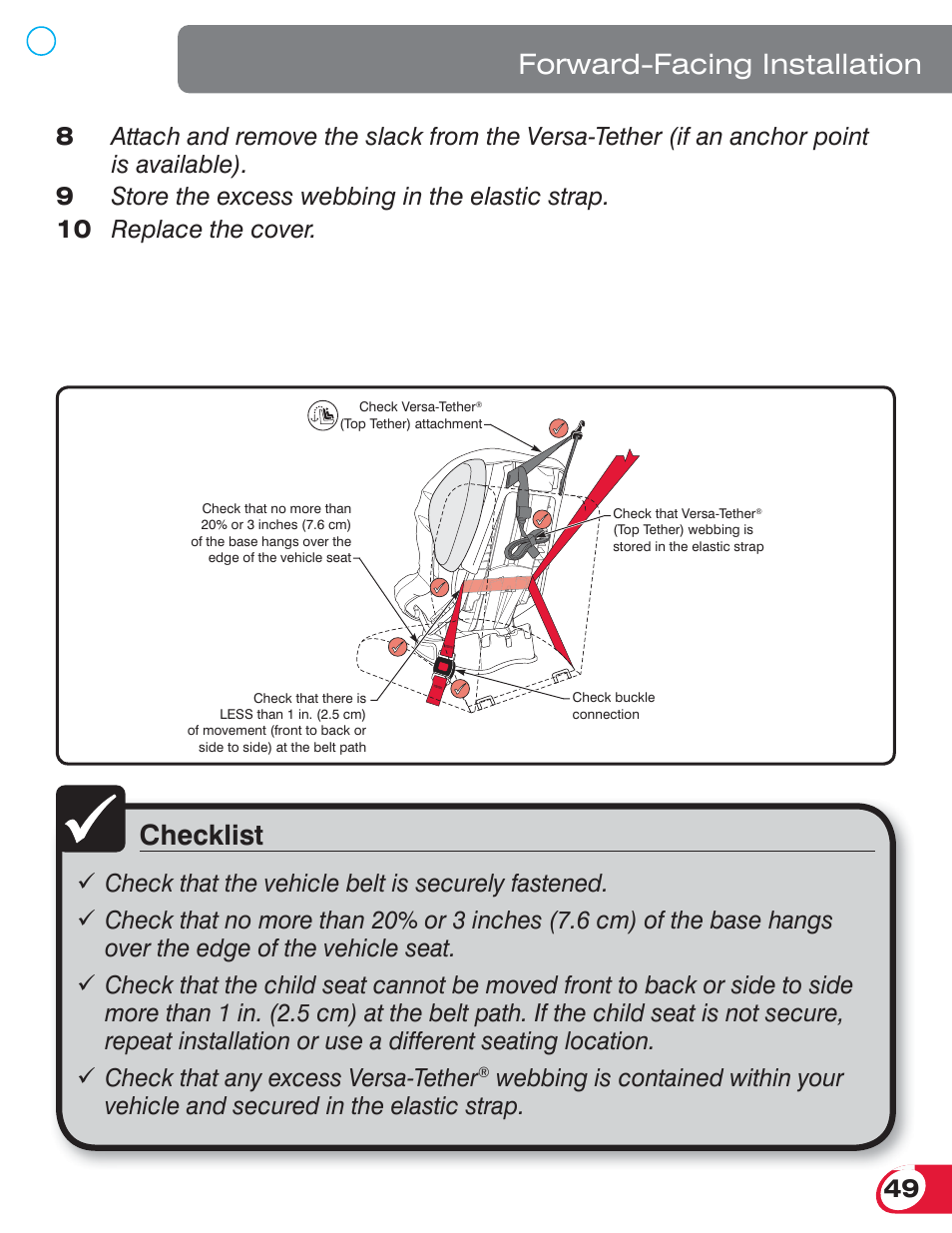 Checklist, Forward-facing installation, 10 replace the cover | Britax ADVOCATE 70 CS User Manual | Page 51 / 72