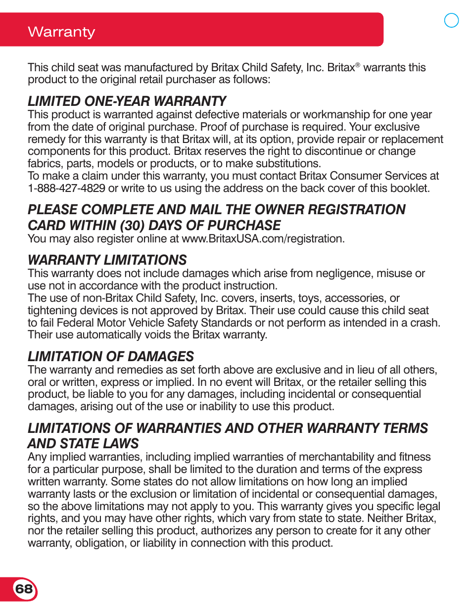 Limited one-year warranty, Warranty limitations, Limitation of damages | Warranty | Britax ADVOCATE 70 CS User Manual | Page 70 / 72