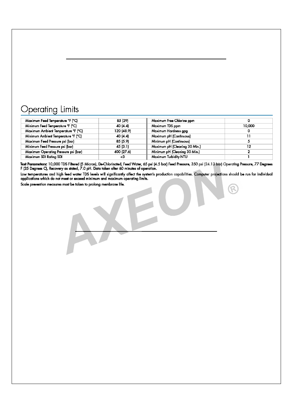 Feed water and operation specifications, Rejection, recovery and flow rates | AXEON R2-Series User Manual | Page 5 / 57