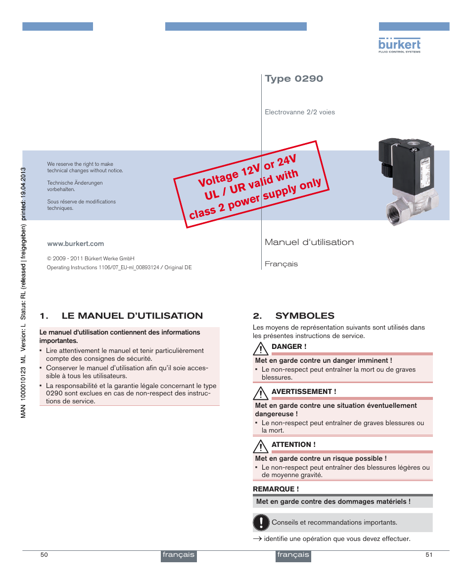 Francais, Type 0290 | AXEON Burkert-Series User Manual | Page 15 / 21
