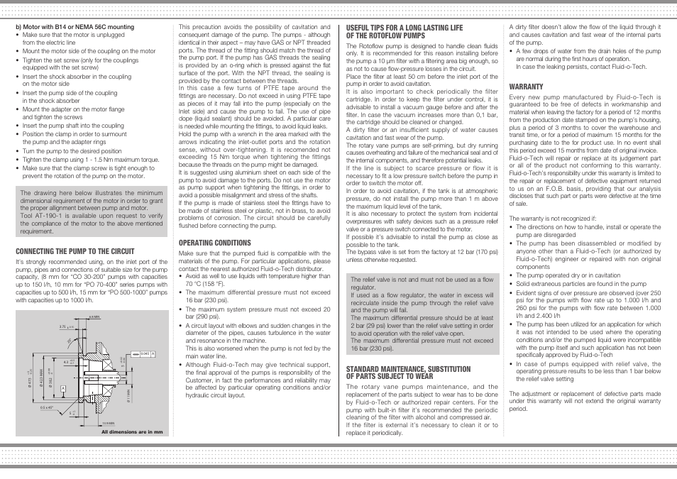 Connecting the pump to the circuit, Operating conditions, Warranty | AXEON Fluid-O-Tech User Manual | Page 2 / 2