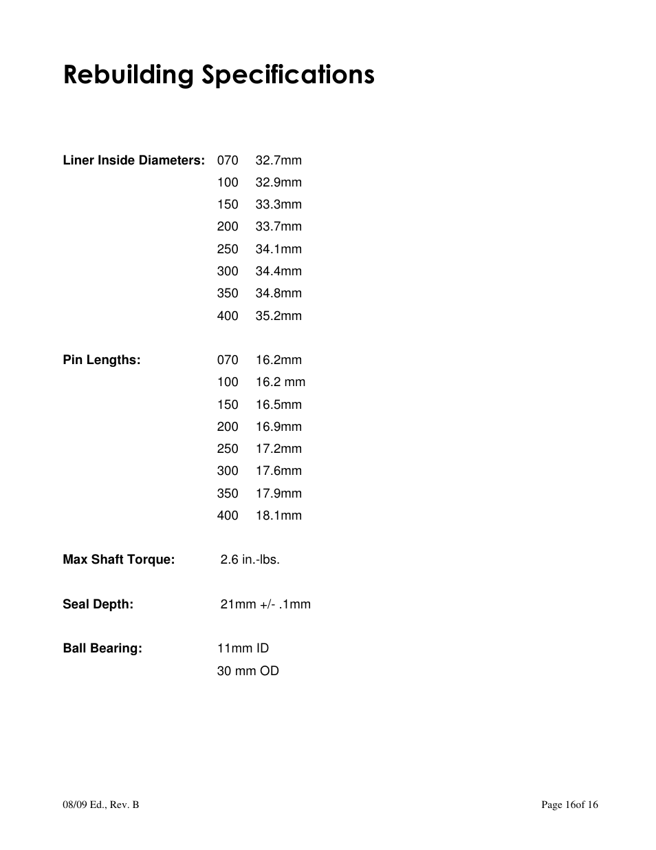 Rebuilding specifications | AXEON Fluid-O-Tech Repair Rebuild User Manual | Page 16 / 16