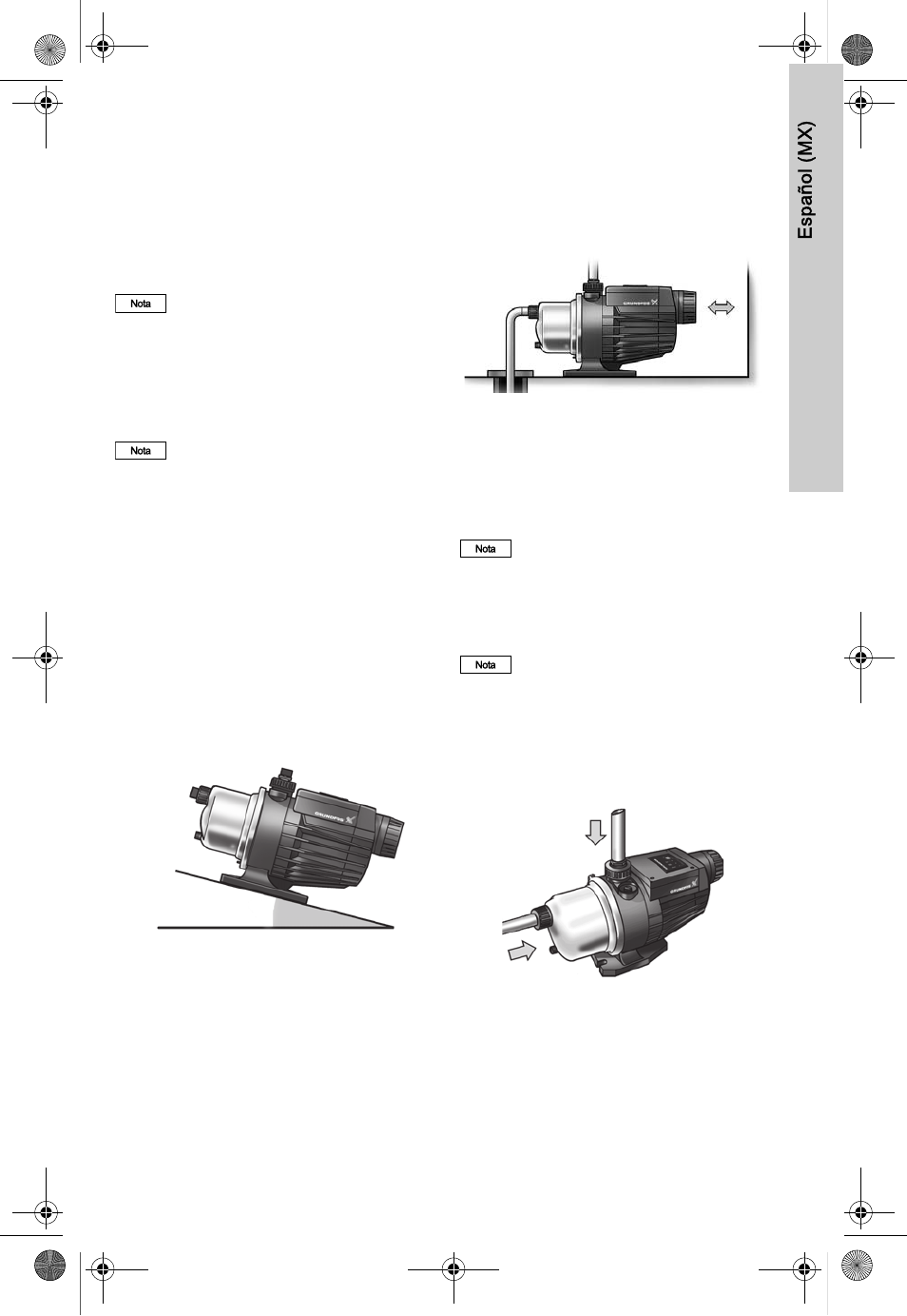 Instalación mecánica, Ubicación, Cimentación | Requisitos de espacio, Tuberías, Español (mx) 7. instalación mecánica, 1 ubicación, 2 cimentación, 3 requisitos de espacio, 4 tuberías | AXEON Grundfos MQ-Series User Manual | Page 27 / 68