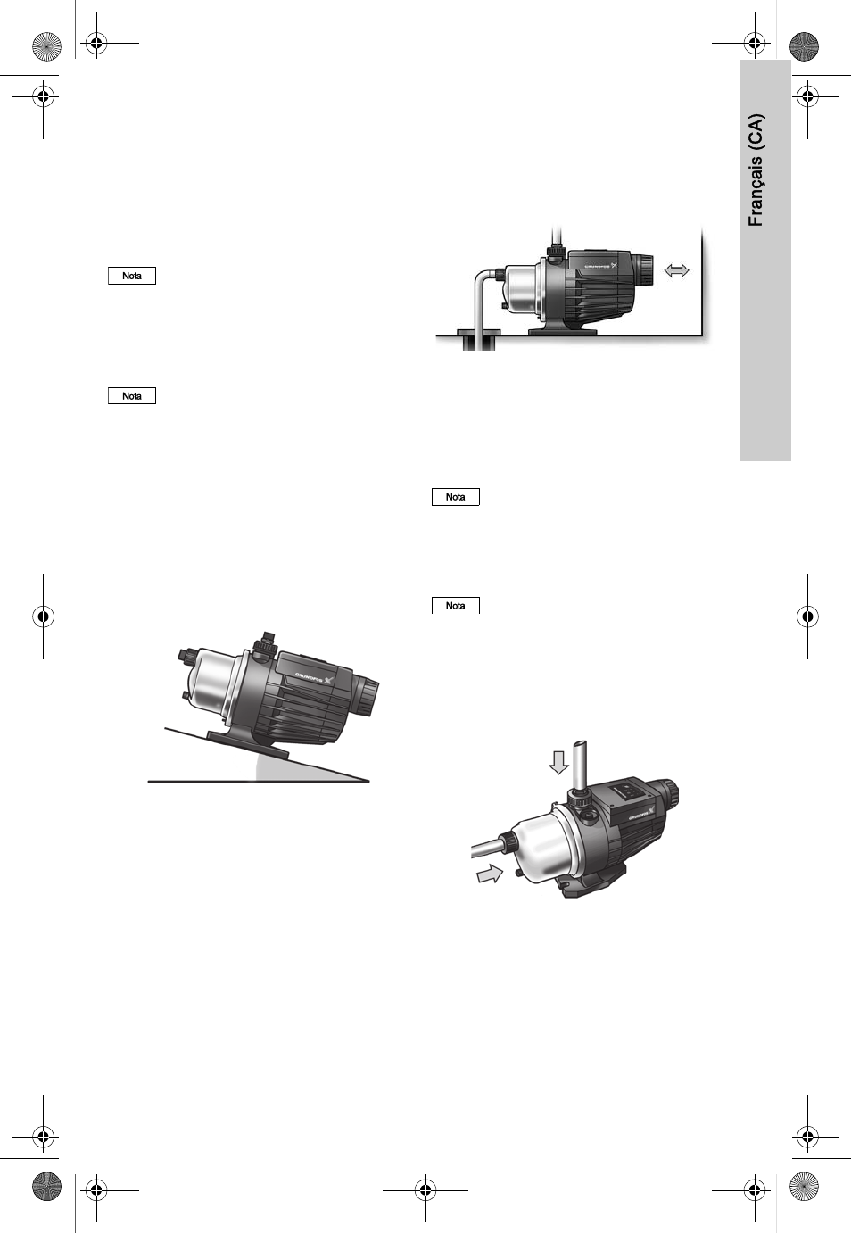 Installation mécanique, Lieu d'installation, Base | Dégagement requis, Tuyauterie, Français (ca) 7. installation mécanique, 1 lieu d'installation, 2 base, 3 dégagement requis, 4 tuyauterie | AXEON Grundfos MQ-Series User Manual | Page 47 / 68