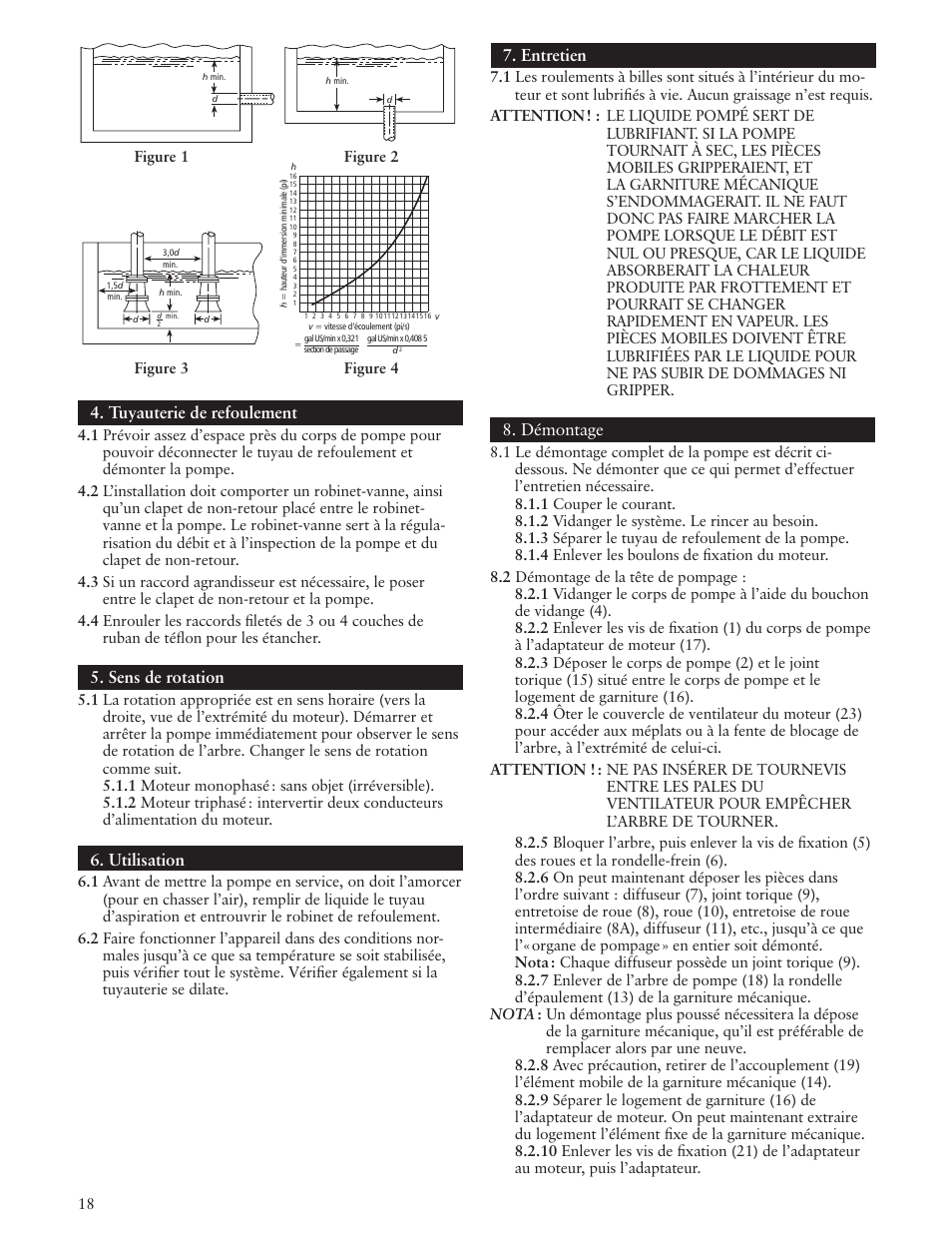 Tuyauterie de refoulement, Sens de rotation, Utilisation | Entretien, Démontage | AXEON Goulds HMS-Series User Manual | Page 18 / 24