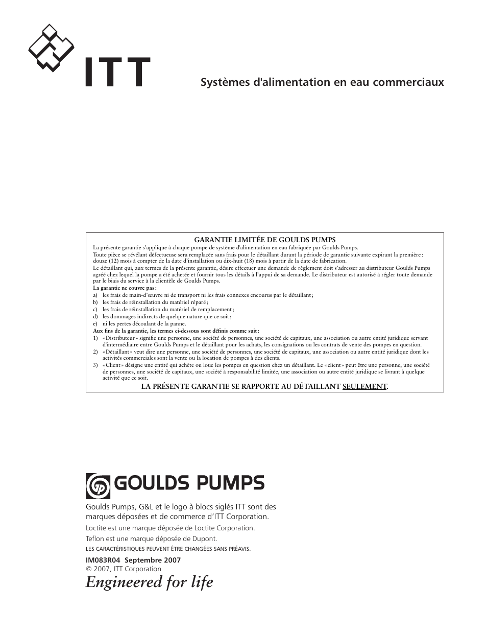 It t, Engineered for life, Systèmes d'alimentation en eau commerciaux | AXEON Goulds HMS-Series User Manual | Page 24 / 24