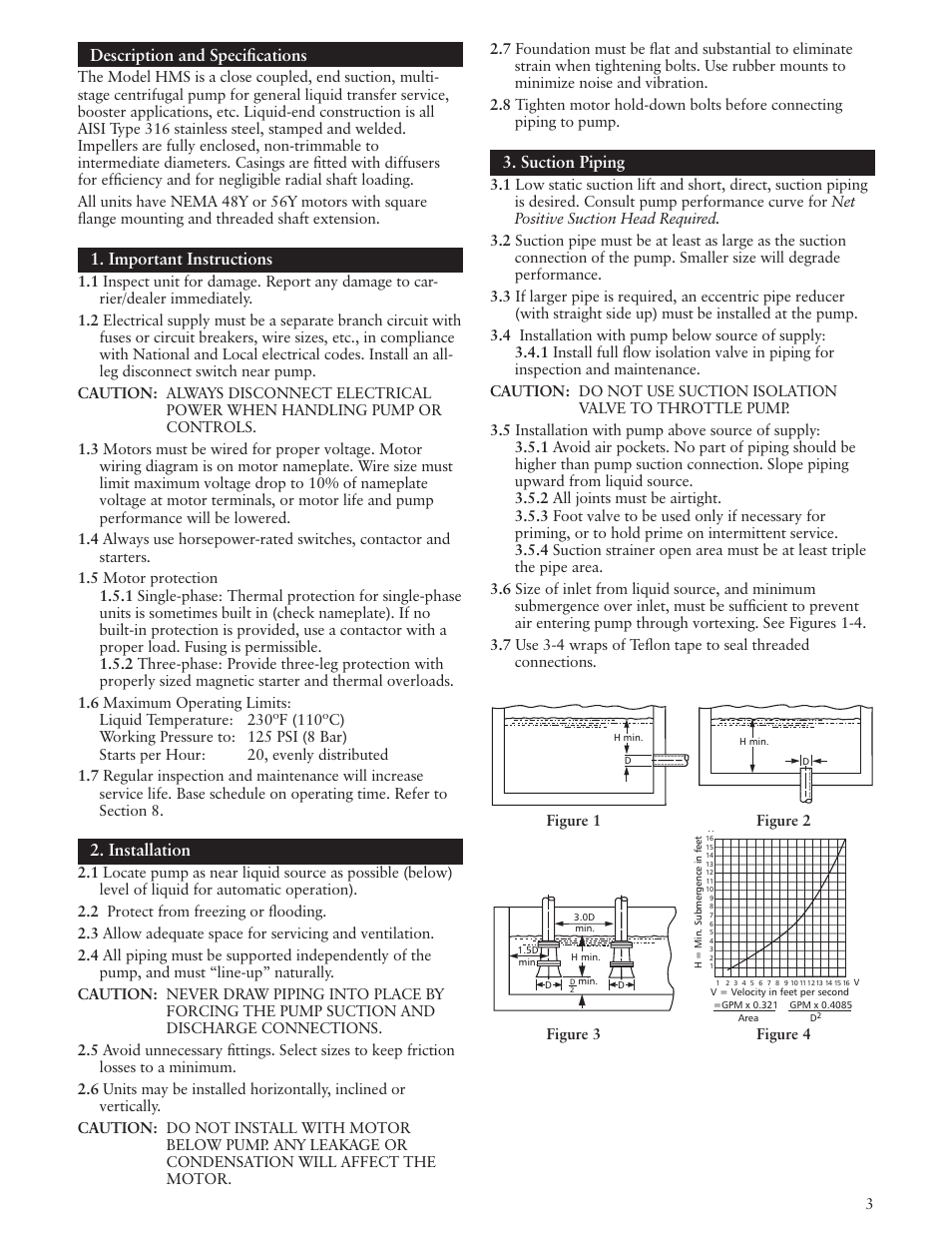 Description and speciﬁ cations, Important instructions, Installation | Suction piping | AXEON Goulds HMS-Series User Manual | Page 3 / 24