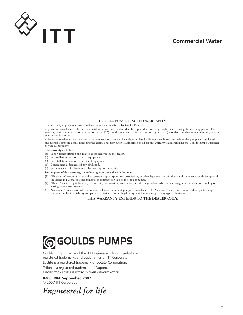 It t, Engineered for life, Commercial water | AXEON Goulds HMS-Series User Manual | Page 7 / 24