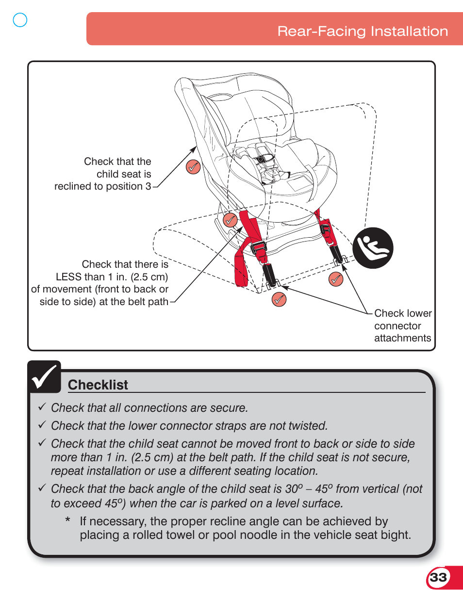 Checklist, Rear-facing installation | Britax BOULEVARD 70 CS User Manual | Page 35 / 72