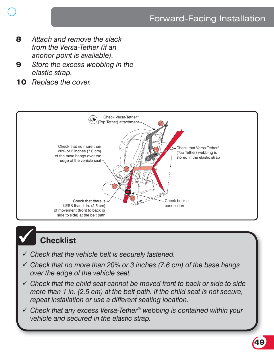 Checklist, Forward-facing installation, 10 replace the cover | Britax BOULEVARD 70 CS User Manual | Page 51 / 72