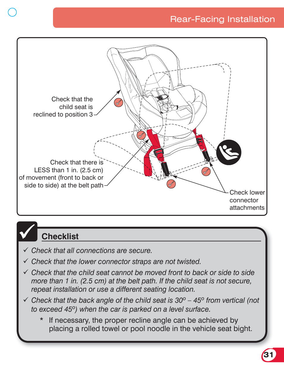 Checklist, Rear-facing installation | Britax MARATHON 70 User Manual | Page 33 / 70