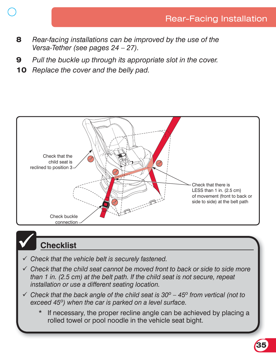 Checklist, Rear-facing installation | Britax MARATHON 70 User Manual | Page 37 / 70