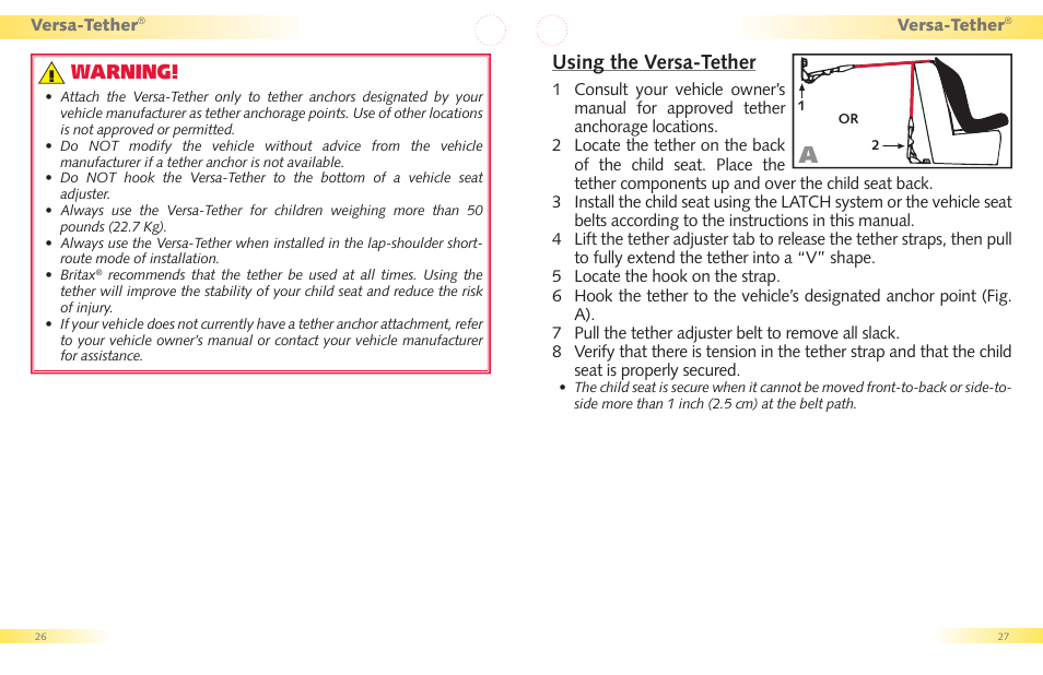 Using the versa-tether, Warning | Britax Regent User Manual | Page 15 / 22