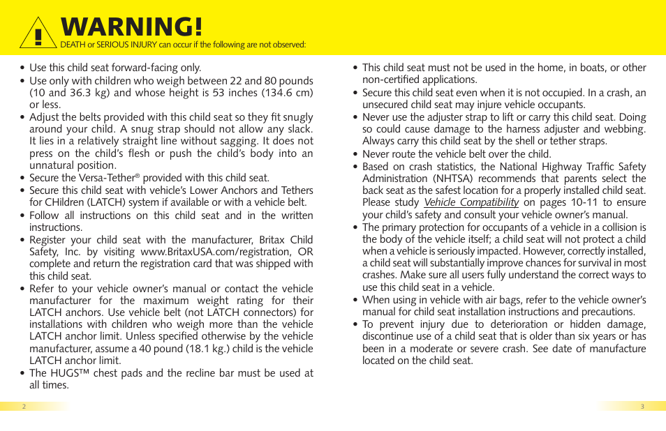 Warning | Britax Regent User Manual | Page 3 / 22