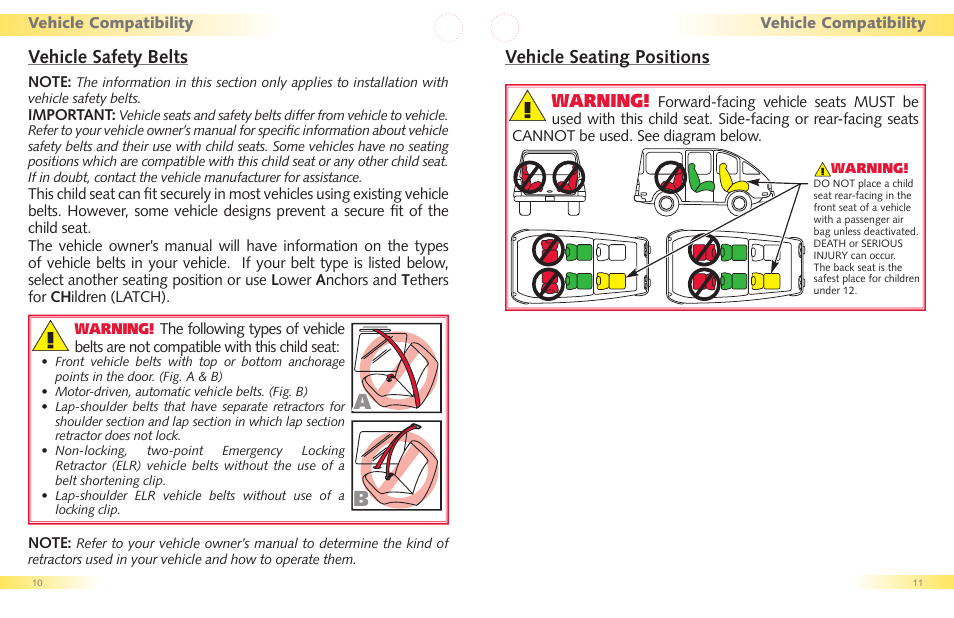 Vehicle safety belts, Vehicle seating positions, Warning | Britax Regent User Manual | Page 7 / 22