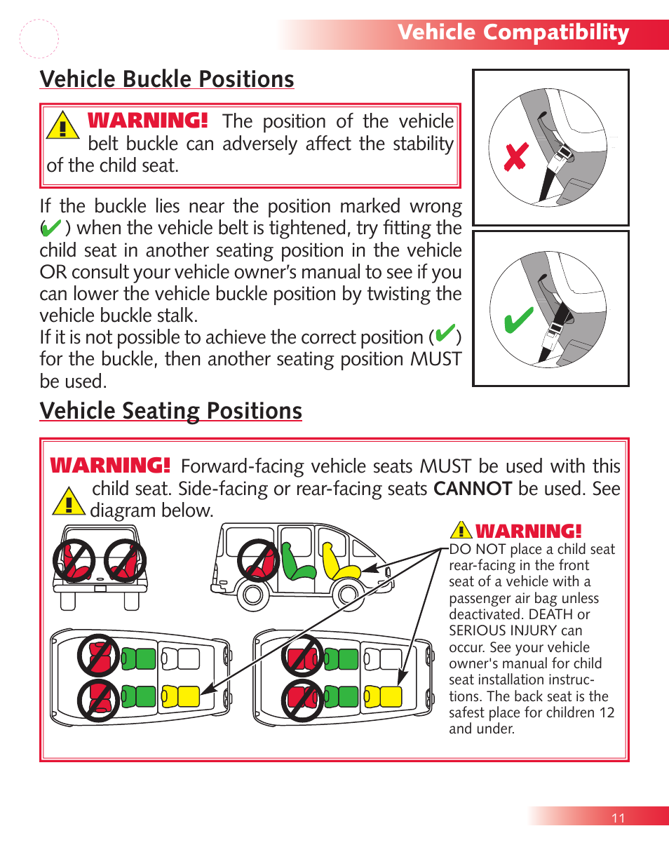 Vehicle seating positions, Vehicle buckle positions, Vehicle compatibility warning | Warning | Britax Diplomat P321900 User Manual | Page 13 / 40