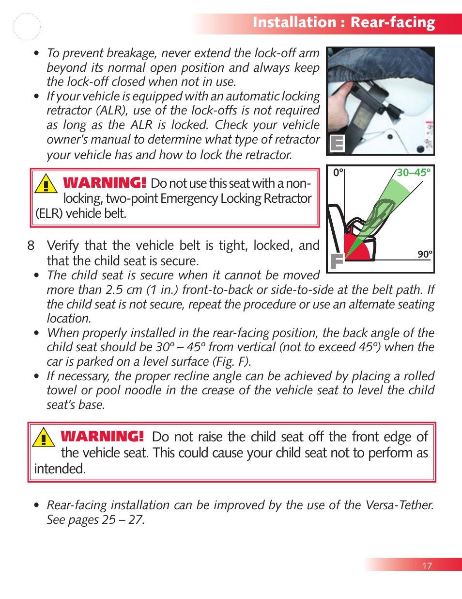 Installation : rear-facing, Warning | Britax Diplomat P321900 User Manual | Page 19 / 40