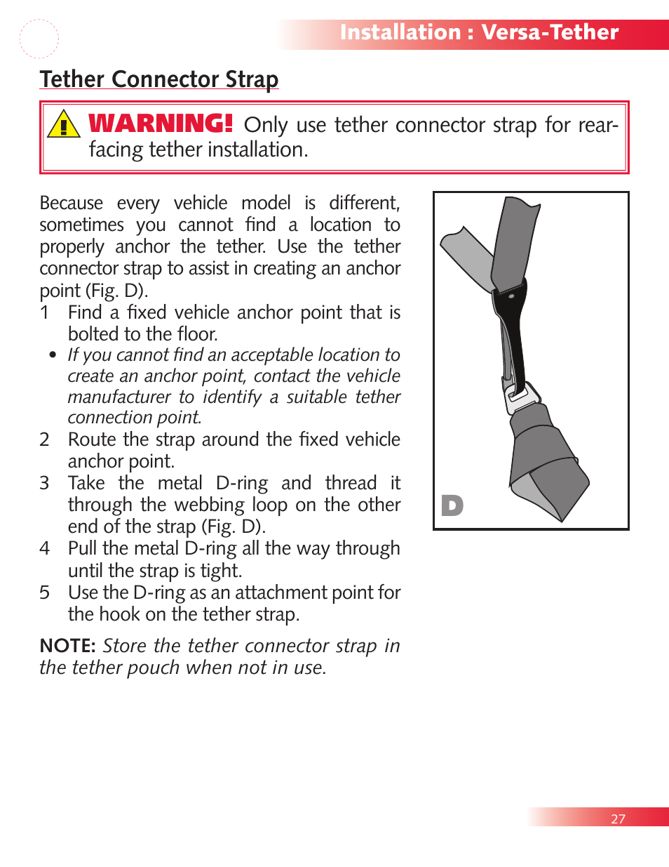 Warning, Tether connector strap | Britax Diplomat P321900 User Manual | Page 29 / 40