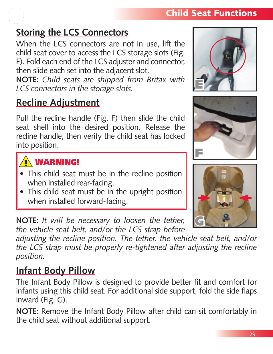Storing the lcs connectors, Recline adjustment, Infant body pillow | Britax Diplomat P321900 User Manual | Page 31 / 40