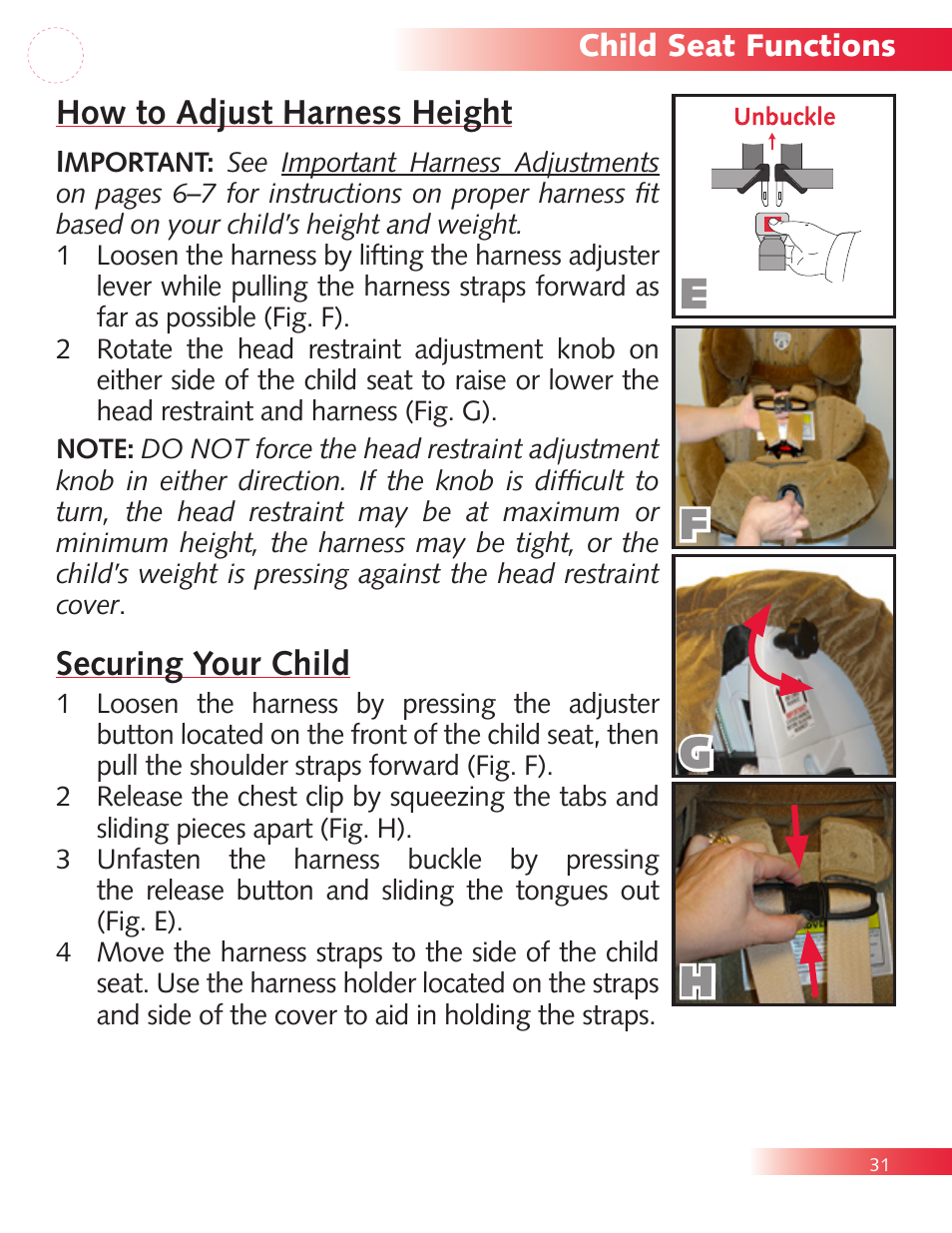 Fg h, How to adjust harness height, Securing your child | Britax Diplomat P321900 User Manual | Page 33 / 40