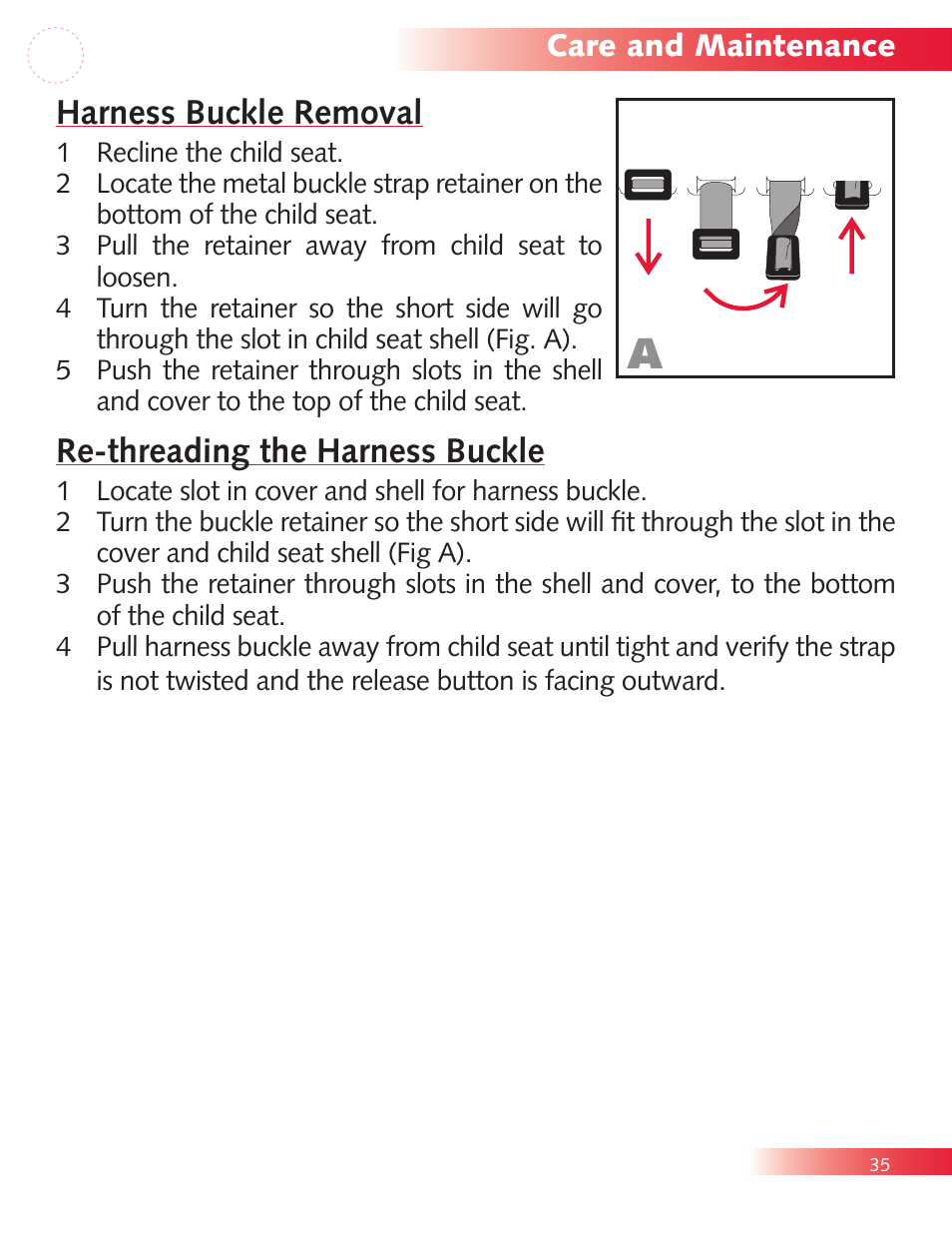 Harness buckle removal, Re-threading the harness buckle | Britax Diplomat P321900 User Manual | Page 37 / 40